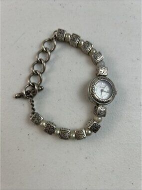 Silver Tone Embossed Designs Faux Pearl Watch Needs Battery Bracelet